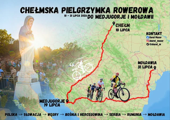Grafika promocyjna wydarzenia Chełmska Pielgrzymka Rowerowa do Medjugorje i Mołdawii — trasa ok. 3070 km