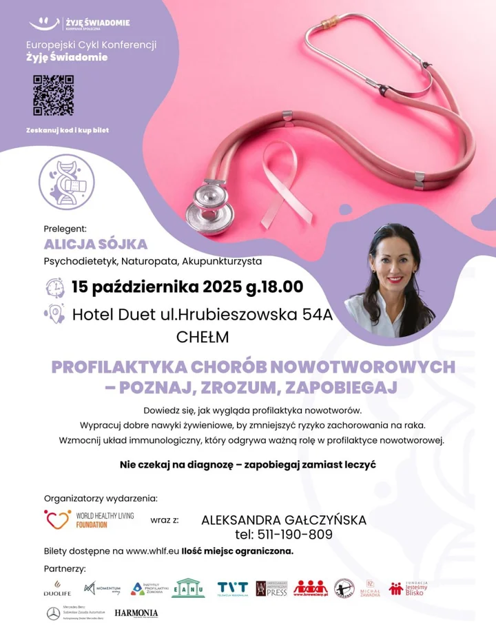 Obrazek przedstawia grafikę promocyjną wydarzenia Konferencja o profilaktyce i mechanizmach nowotworów