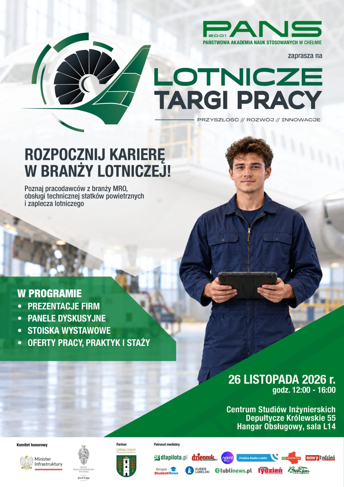 Grafika promocyjna wydarzenia Lotnicze Targi Pracy w PANS w Chełmie