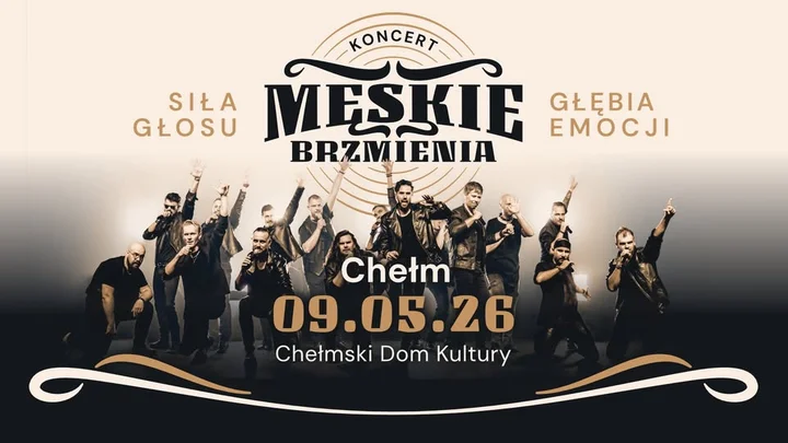 Grafika promocyjna wydarzenia MĘSKIE BRZMIENIA — koncert męskiego chóru rozrywkowego w Chełmie