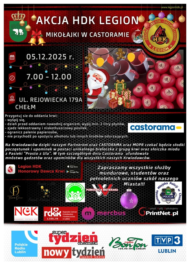 Grafika promocyjna wydarzenia Mikołajki z Castorama Chełm — zbiórka krwi 5 grudnia 2025