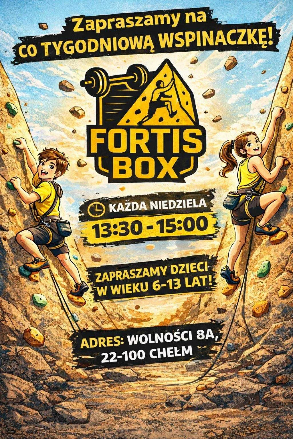Grafika promocyjna wydarzenia Niedzielna wspinaczka dla dzieci w Fortis Box