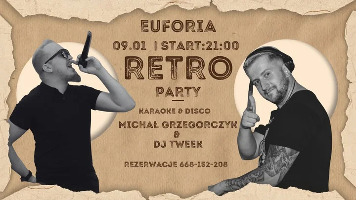 Grafika promocyjna wydarzenia RETRO PARTY — piątkowa impreza w Euforia Klubokawiarnia