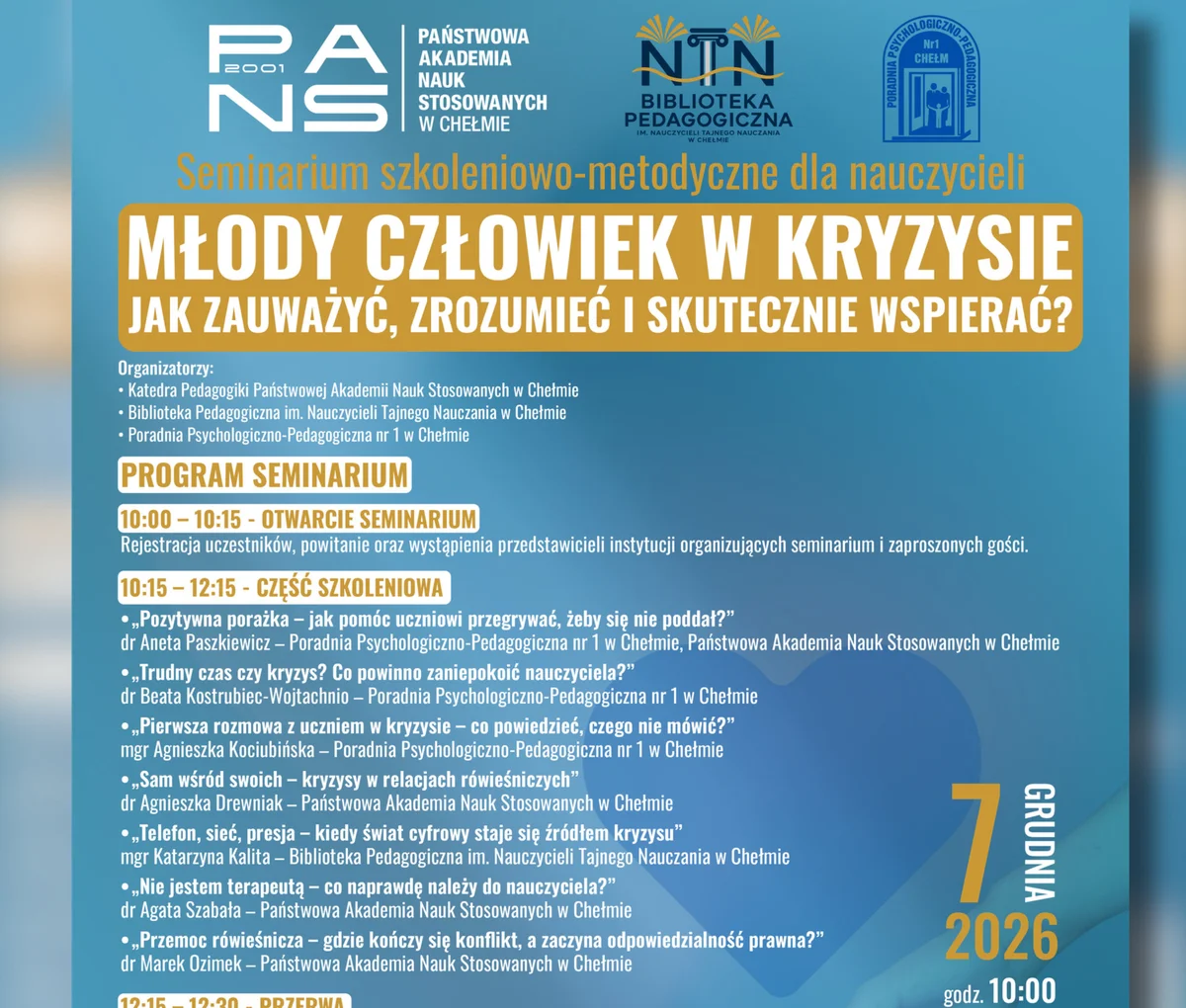 Grafika promocyjna wydarzenia Seminarium o kryzysie młodych ludzi w Chełmie