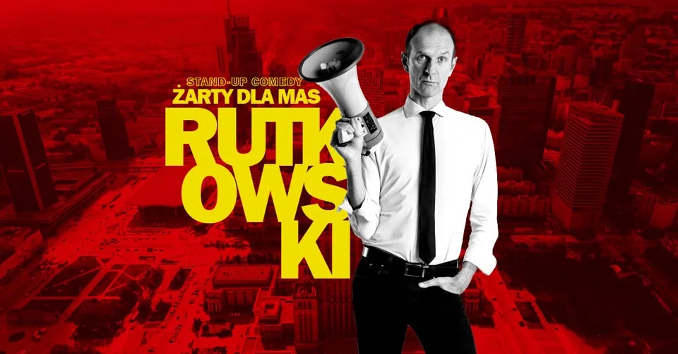 Obrazek przedstawia grafikę promocyjną wydarzenia Stand-up Rafała Rutkowskiego w Chełmskim Domu Kultury