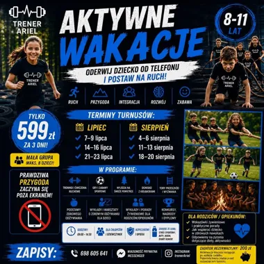 Grafika promocyjna wydarzenia Aktywne Wakacje z Trenerem Ariel w Chełmie – turnusy dla dzieci 8–11 lat