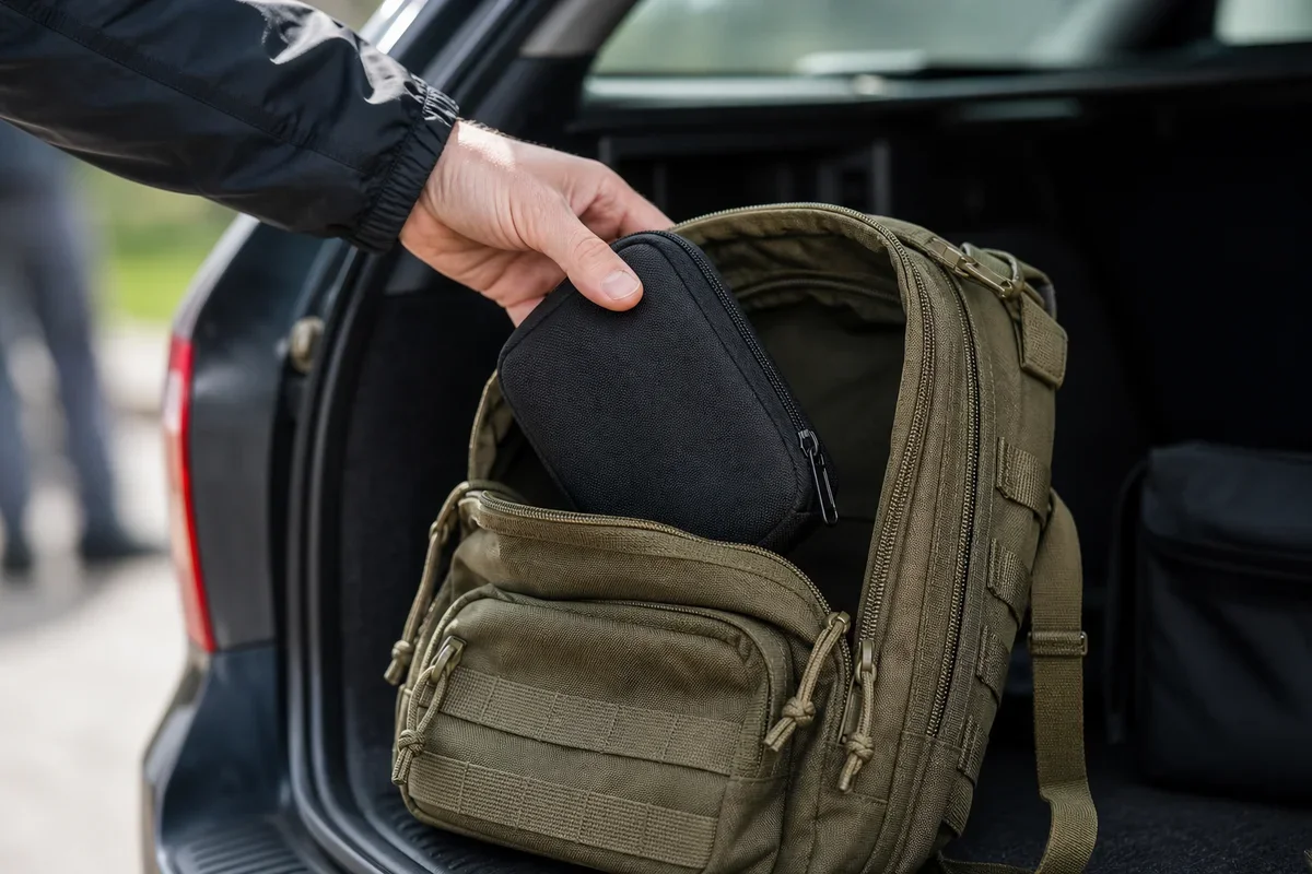 Dłoń osoby w czarnej kurtce wkłada czarną saszetkę do oliwkowego plecaka taktycznego leżącego w otwartym bagażniku samochodu.