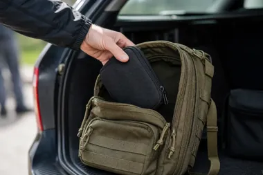 Dłoń osoby w czarnej kurtce wkłada czarną saszetkę do oliwkowego plecaka taktycznego leżącego w otwartym bagażniku samochodu.